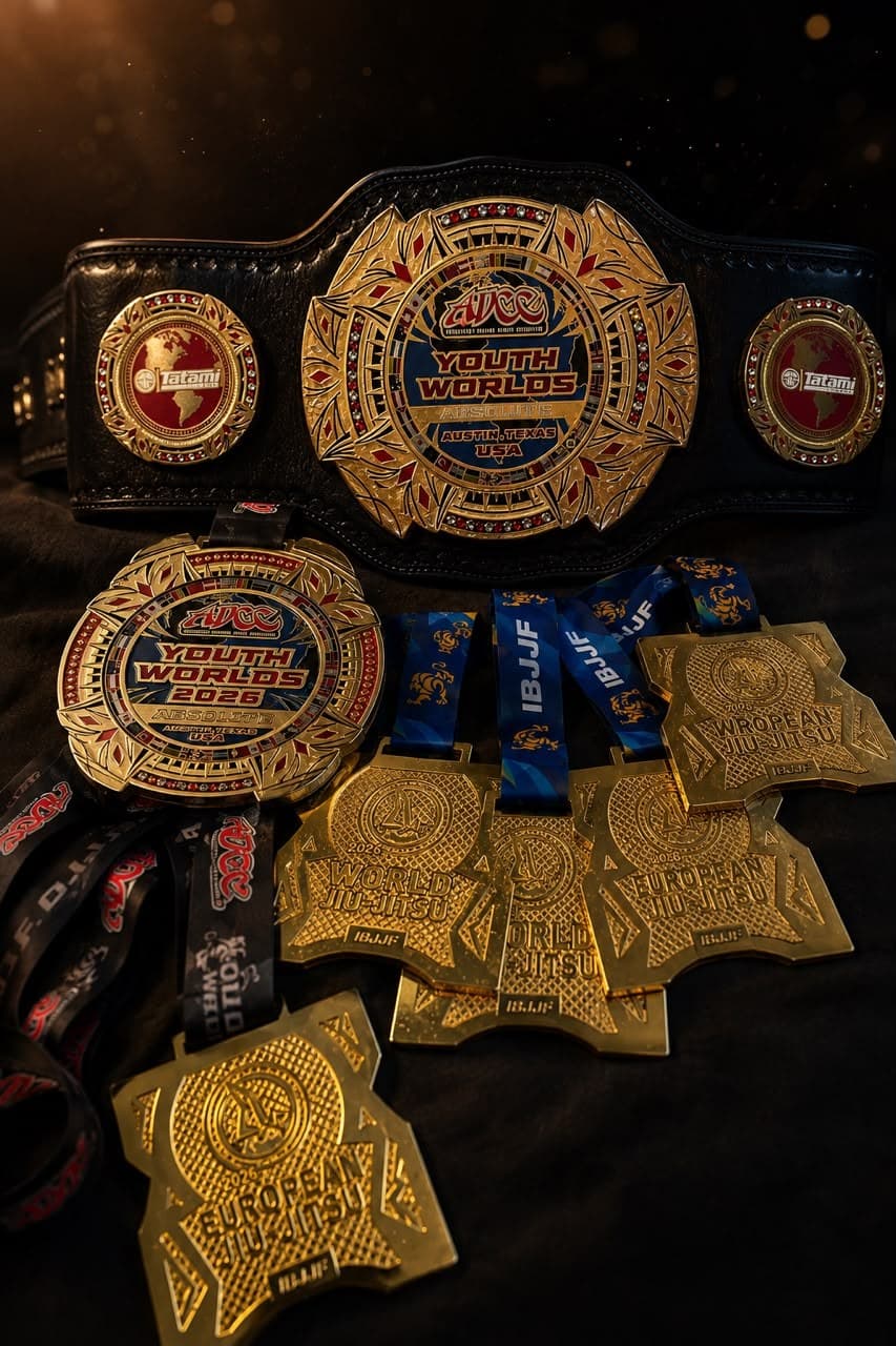 Coleção de medalhas e cinturões conquistados por Isaque